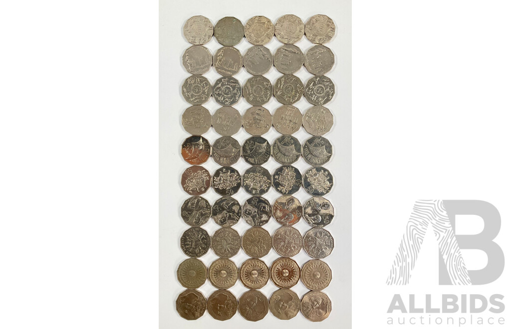 Fifty Australian Commemorative Fifty Cent Coins Including 2000 Millennium, 2005 WW2 Remembrance, 1982 Commonwealth Games, 1998 Flinders/Bass, 1977 Jubilee, 2003 Volunteers, 1970 Captain Cook..........