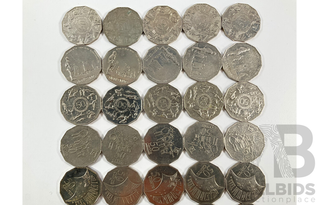 Fifty Australian Commemorative Fifty Cent Coins Including 2000 Millennium, 2005 WW2 Remembrance, 1982 Commonwealth Games, 1998 Flinders/Bass, 1977 Jubilee, 2003 Volunteers, 1970 Captain Cook..........