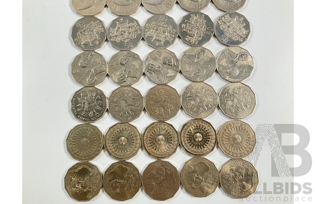 Fifty Australian Commemorative Fifty Cent Coins Including 2000 Millennium, 2005 WW2 Remembrance, 1982 Commonwealth Games, 1998 Flinders/Bass, 1977 Jubilee, 2003 Volunteers, 1970 Captain Cook..........