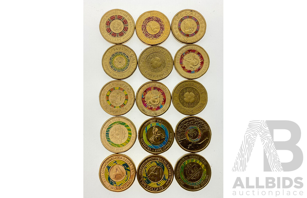 Fifteen Australian Commemorative Two Dollar Coins Including 2012 Remembrance, 2018, 2022 Commonwealth Games, 2016 Paralympics, 2019 100 Years Repatriation, 2020 Olympics, 2019 Mr Squiggle, 2017 Possum Magic, 2017 Lest We Forget