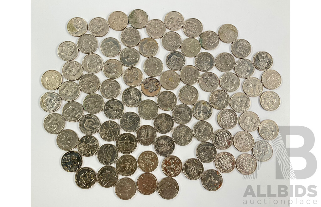 Collection of Australian Commemorative Twenty Cent Coins Including Sixty Two 2005 WW2 Coming Home, Seven 2013 Canberra Centenary, Six 2011 Prince William Wedding, Five 2003 Volunteers...........