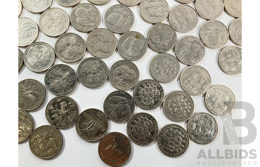 Collection of Australian Commemorative Twenty Cent Coins Including Sixty Two 2005 WW2 Coming Home, Seven 2013 Canberra Centenary, Six 2011 Prince William Wedding, Five 2003 Volunteers...........
