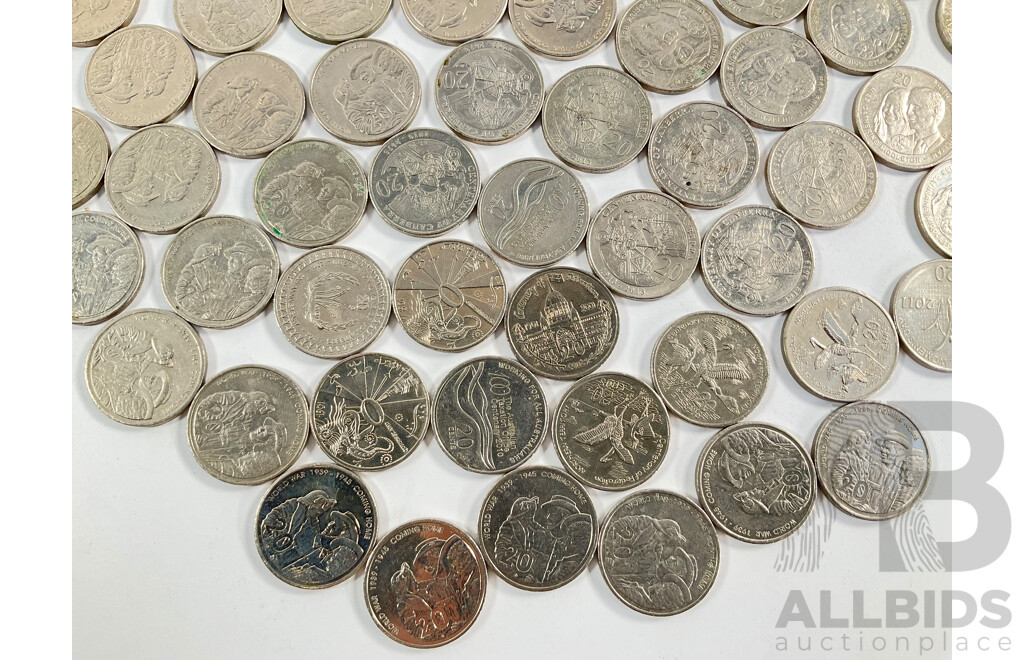 Collection of Australian Commemorative Twenty Cent Coins Including Sixty Two 2005 WW2 Coming Home, Seven 2013 Canberra Centenary, Six 2011 Prince William Wedding, Five 2003 Volunteers...........