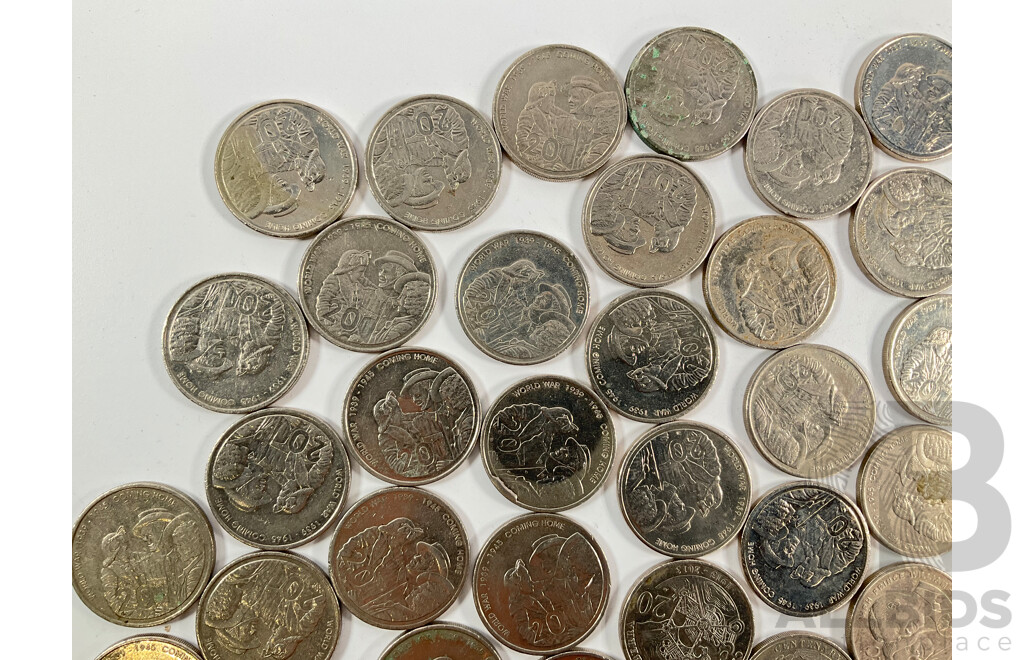 Collection of Australian Commemorative Twenty Cent Coins Including Sixty Two 2005 WW2 Coming Home, Seven 2013 Canberra Centenary, Six 2011 Prince William Wedding, Five 2003 Volunteers...........