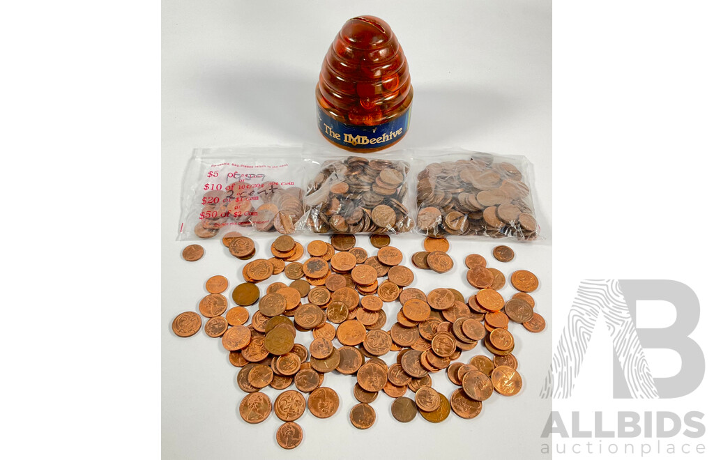 Collection of Australian One and Two Cent Coins, Examples Spanning 1966 to 1989, with IMB Beehive Money Box - Approximately 4.2 Kilograms