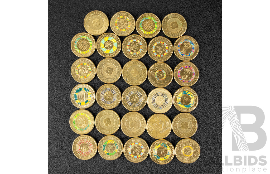 Twenty Nine Australian Commemorative Two Dollar Coins Including Seven 2012 Remembrance, 2019 Mr Squiggle, 2017 Possum Magic, 2018, 2022 Commonwealth Games, 2016, 2020 Olympics/Paralympics