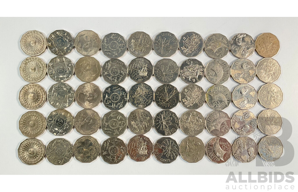 Fifty Australian Commemorative Fifty Cent Coins Including 1982 Commonwealth Games, 1998 Flinders/Bass, 1977 Jubilee, 2003 Volunteers, 1970 Captain Cook, 2000 Millennium, 2002 Year of the Outback..........