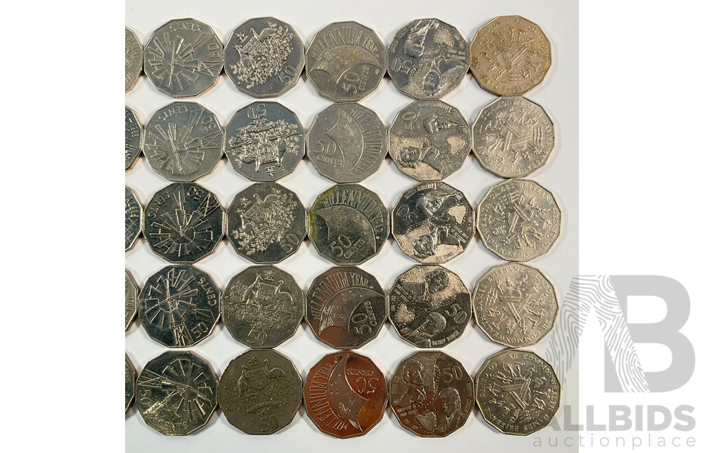 Fifty Australian Commemorative Fifty Cent Coins Including 1982 Commonwealth Games, 1998 Flinders/Bass, 1977 Jubilee, 2003 Volunteers, 1970 Captain Cook, 2000 Millennium, 2002 Year of the Outback..........