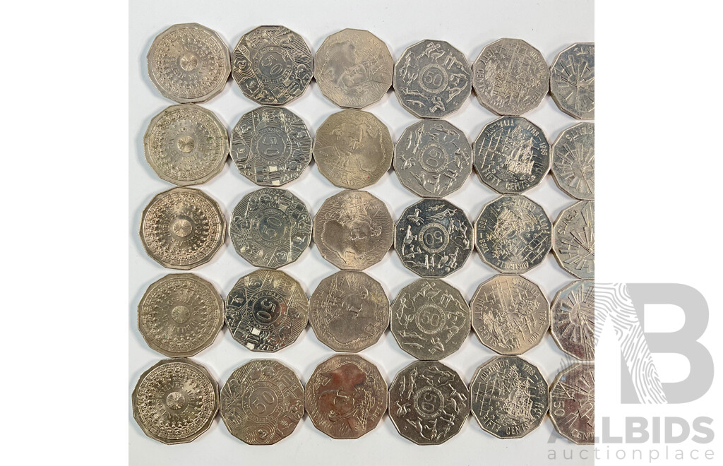 Fifty Australian Commemorative Fifty Cent Coins Including 1982 Commonwealth Games, 1998 Flinders/Bass, 1977 Jubilee, 2003 Volunteers, 1970 Captain Cook, 2000 Millennium, 2002 Year of the Outback..........