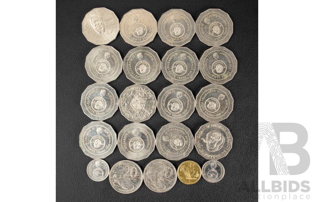 Collection of Australian 2016 Fifty Years of Decimal Currency Commemorative Coins Including Two Dollar, Fourteen Fifty Cents, Two Twenty Cent Coins, Two Five Cents with 1991 25 Years Decimal Currency and 2017 Fifty Cent, Mabo 25 Years
