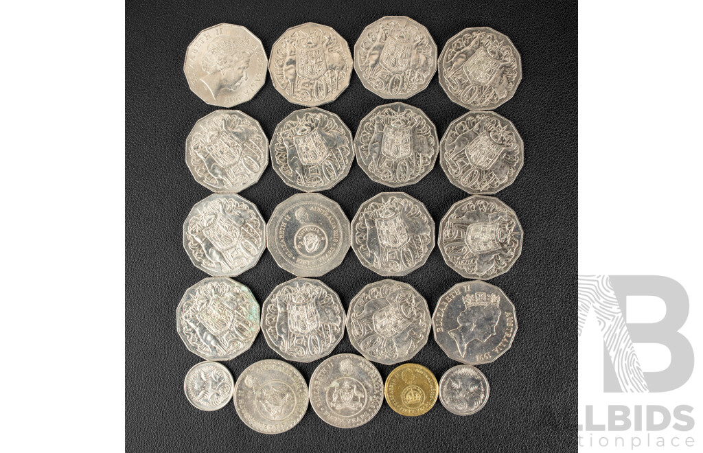 Collection of Australian 2016 Fifty Years of Decimal Currency Commemorative Coins Including Two Dollar, Fourteen Fifty Cents, Two Twenty Cent Coins, Two Five Cents with 1991 25 Years Decimal Currency and 2017 Fifty Cent, Mabo 25 Years