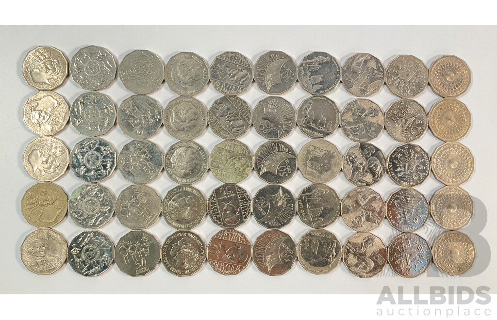 Fifty Australian Commemorative Fifty Cent Coins Including 2000 Millennium, 2005 WW2 Remembrance, 1982 Commonwealth Games, 1998 Flinders/Bass, 1977 Jubilee, 1970 Captain Cook, 1995 Sir Weary Dunlop...........
