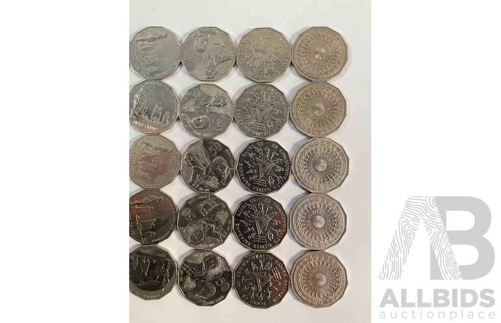 Fifty Australian Commemorative Fifty Cent Coins Including 2000 Millennium, 2005 WW2 Remembrance, 1982 Commonwealth Games, 1998 Flinders/Bass, 1977 Jubilee, 1970 Captain Cook, 1995 Sir Weary Dunlop...........