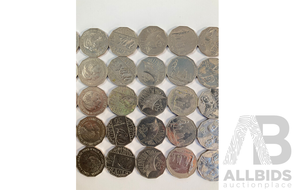 Fifty Australian Commemorative Fifty Cent Coins Including 2000 Millennium, 2005 WW2 Remembrance, 1982 Commonwealth Games, 1998 Flinders/Bass, 1977 Jubilee, 1970 Captain Cook, 1995 Sir Weary Dunlop...........
