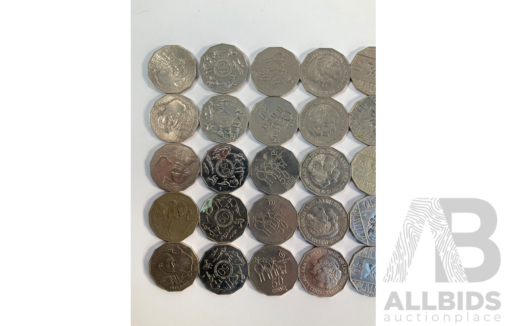 Fifty Australian Commemorative Fifty Cent Coins Including 2000 Millennium, 2005 WW2 Remembrance, 1982 Commonwealth Games, 1998 Flinders/Bass, 1977 Jubilee, 1970 Captain Cook, 1995 Sir Weary Dunlop...........