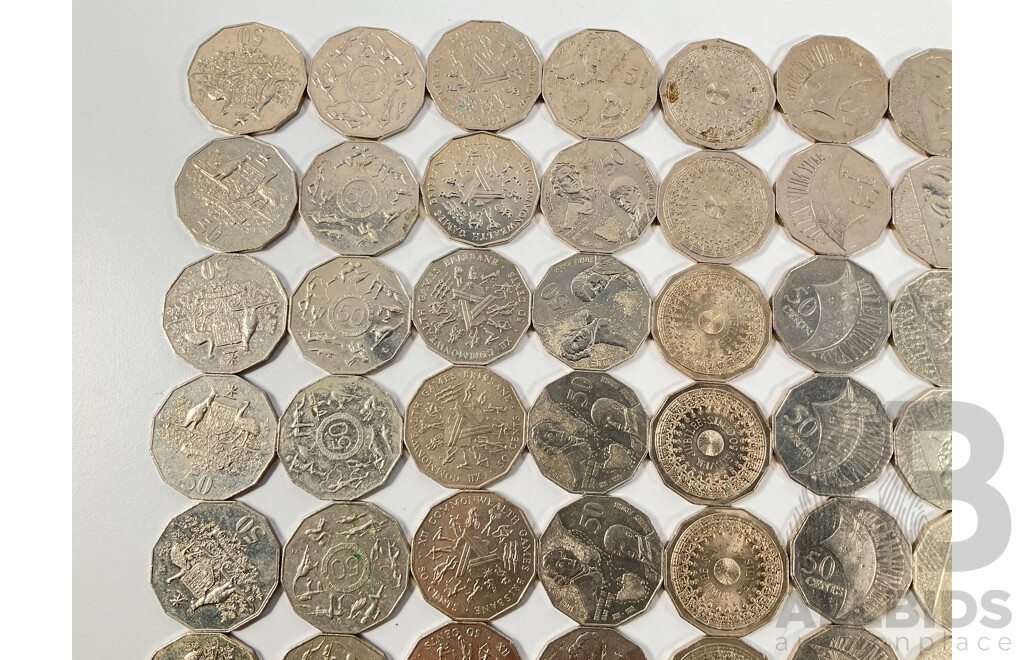 One Hundred Australian Commemorative Fifty Cent Coins Including 2000 Millennium, 1982 Commonwealth Games, 1998 Flinders/Bass, 1977 Jubilee, 1995 Sir Weary Dunlop............
