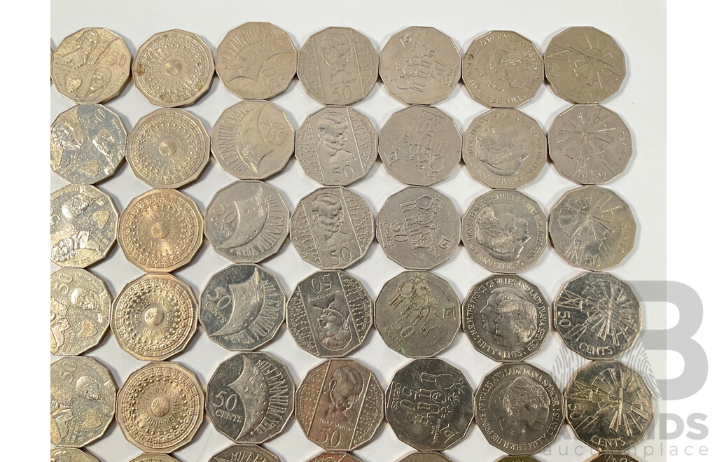 One Hundred Australian Commemorative Fifty Cent Coins Including 2000 Millennium, 1982 Commonwealth Games, 1998 Flinders/Bass, 1977 Jubilee, 1995 Sir Weary Dunlop............