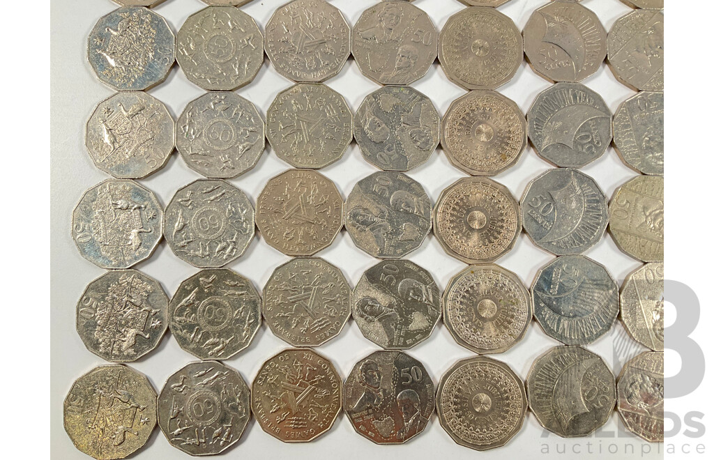 One Hundred Australian Commemorative Fifty Cent Coins Including 2000 Millennium, 1982 Commonwealth Games, 1998 Flinders/Bass, 1977 Jubilee, 1995 Sir Weary Dunlop............