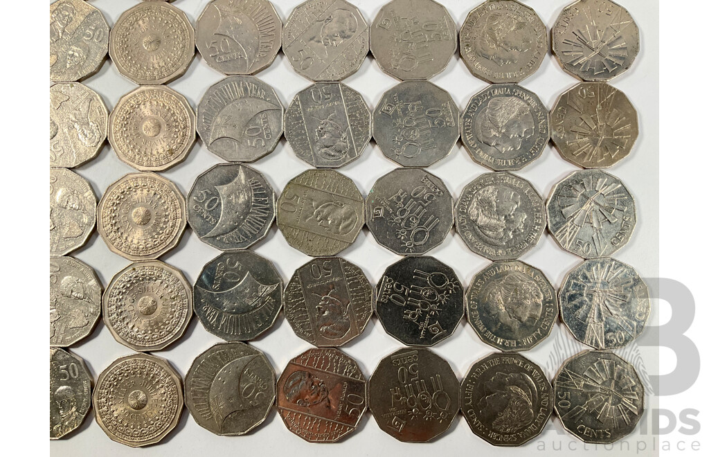 One Hundred Australian Commemorative Fifty Cent Coins Including 2000 Millennium, 1982 Commonwealth Games, 1998 Flinders/Bass, 1977 Jubilee, 1995 Sir Weary Dunlop............