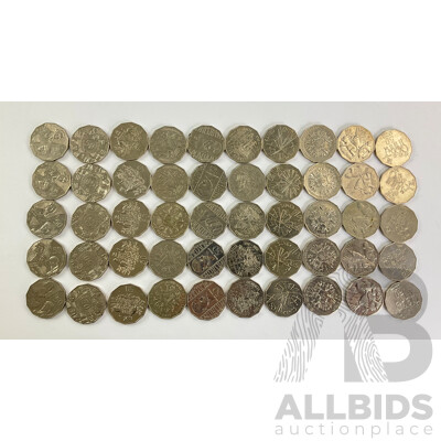 Fifty Australian Commemorative Fifty Cent Coins Including 1998 Bass/Flinders, 1994 Year of the Family, 2001 Federation, 2003 Volunteers, 1982 Commonwealth Games, 1995 Weary Dunlop, 1988 Bicentennial.......