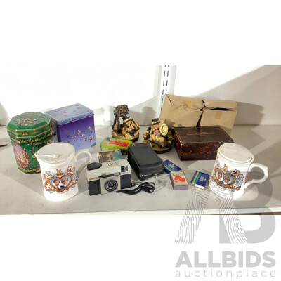 Vintage Kodak Instamatic 25, Boxed David Jones German Gent's Razor and Brush, Two 1981 Charles and Diana Wedding Mugs, Musical Tins, Resin Lover Bears