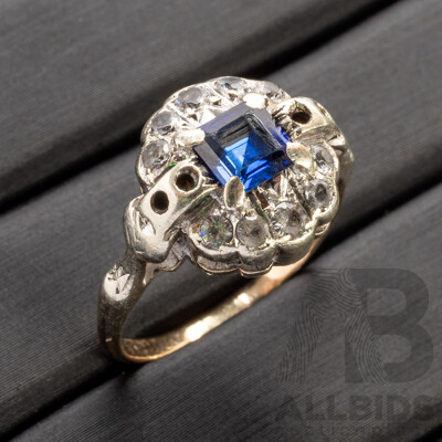 9ct White/Yellow Gold Ring with Princess Cut Blue Sapphire and White Sapphire Halo - Size L