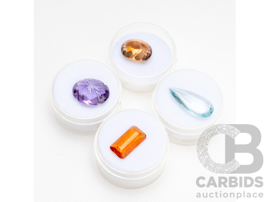 Collection of Gemstones Including Amethyst, Aquarmarine, Topaz & Spessartine Garnet - Lot of 4