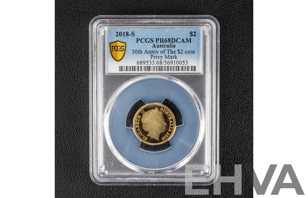 Australian 2018 Proof Two Dollar Coin, S Privy Mark, Thirtieth Anniversary of the Two Dollar Coin, Graded PCGS PR68DCAM