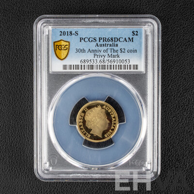 Australian 2018 Proof Two Dollar Coin, S Privy Mark, Thirtieth Anniversary of the Two Dollar Coin, Graded PCGS PR68DCAM