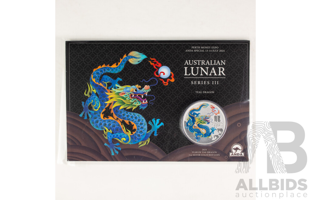 Australian Perth Mint Silver One Dollar, Australian Lunar Series Three, Teal Dragon .999