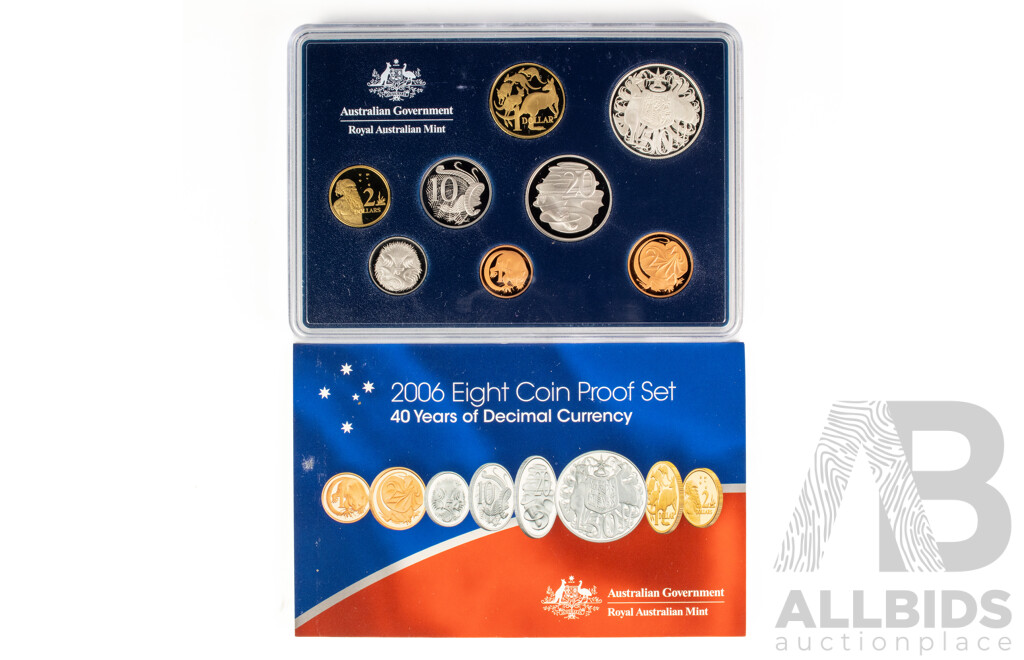 Australian RAM 2006 Eight Proof Coin Set, Forty Years of Decimal Currency Including Round Silver Fifty Cent Coin .800