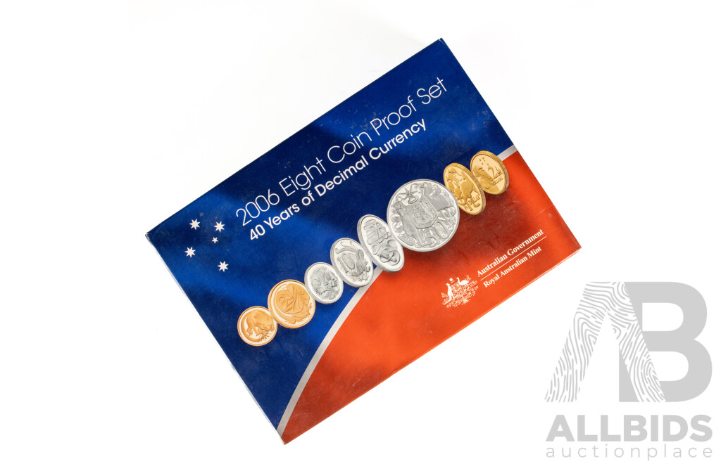 Australian RAM 2006 Eight Proof Coin Set, Forty Years of Decimal Currency Including Round Silver Fifty Cent Coin .800