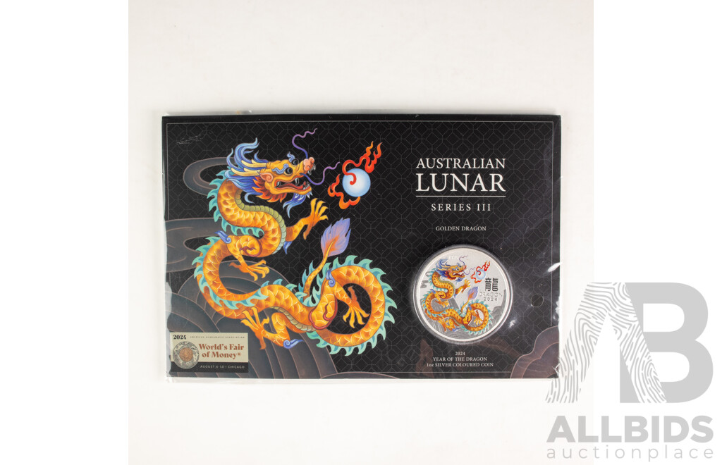 Australian Perth Mint Silver One Dollar, Australian Lunar Series Three, Golden Dragon .999