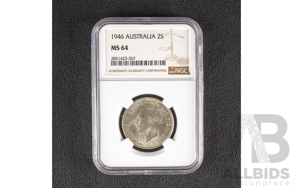 Australian 1946 Silver Florin, Graded NGC MS 64