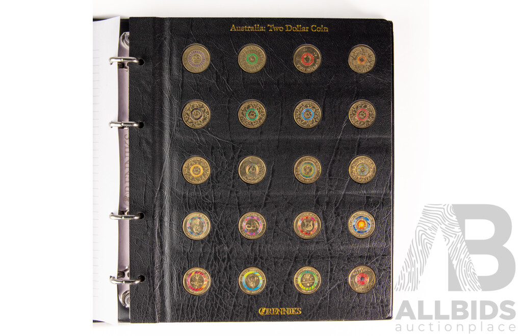 Australian Renniks Two Dollar Coin Album Containing Fifty Nine Coins Including 2013 QE2 Coronation, 2018 Armistice, 2016 Olympics Set, 2019 Police Remembrance 2020 Firefighters 2021 Ambulance Service................