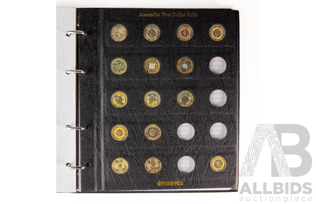 Australian Renniks Two Dollar Coin Album Containing Fifty Nine Coins Including 2013 QE2 Coronation, 2018 Armistice, 2016 Olympics Set, 2019 Police Remembrance 2020 Firefighters 2021 Ambulance Service................