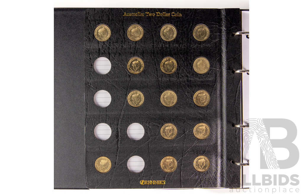 Australian Renniks Two Dollar Coin Album Containing Fifty Nine Coins Including 2013 QE2 Coronation, 2018 Armistice, 2016 Olympics Set, 2019 Police Remembrance 2020 Firefighters 2021 Ambulance Service................