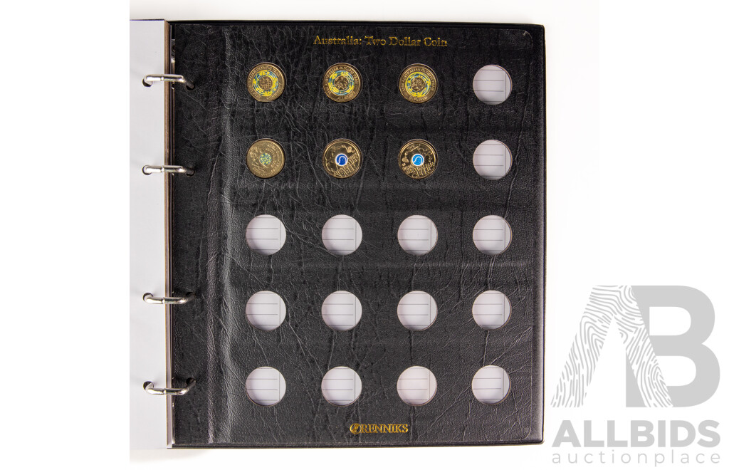 Australian Renniks Two Dollar Coin Album Containing Fifty Nine Coins Including 2013 QE2 Coronation, 2018 Armistice, 2016 Olympics Set, 2019 Police Remembrance 2020 Firefighters 2021 Ambulance Service................