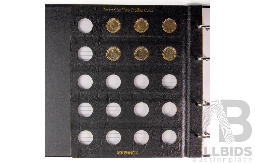 Australian Renniks Two Dollar Coin Album Containing Fifty Nine Coins Including 2013 QE2 Coronation, 2018 Armistice, 2016 Olympics Set, 2019 Police Remembrance 2020 Firefighters 2021 Ambulance Service................