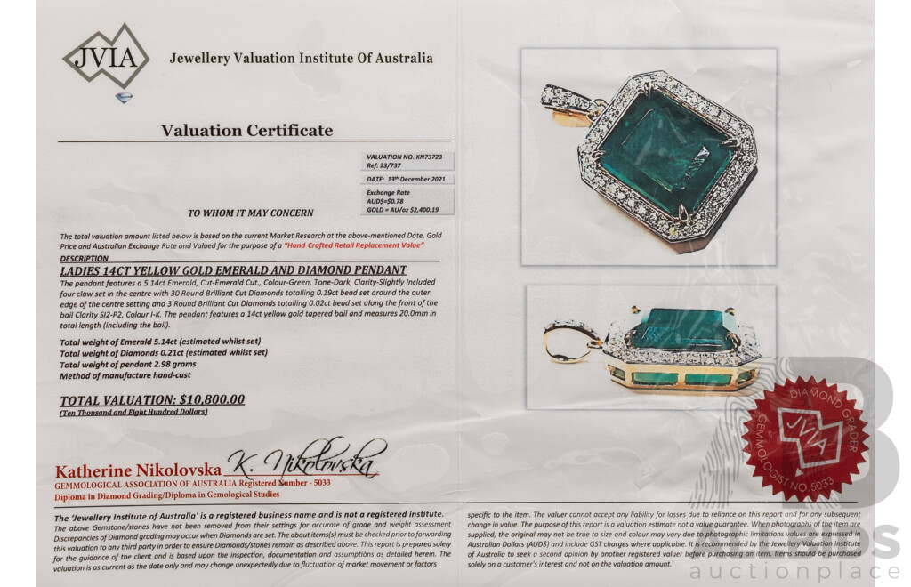 14ct Yellow Gold Emerald and Diamond Pendant with Valuation - 2.92gms