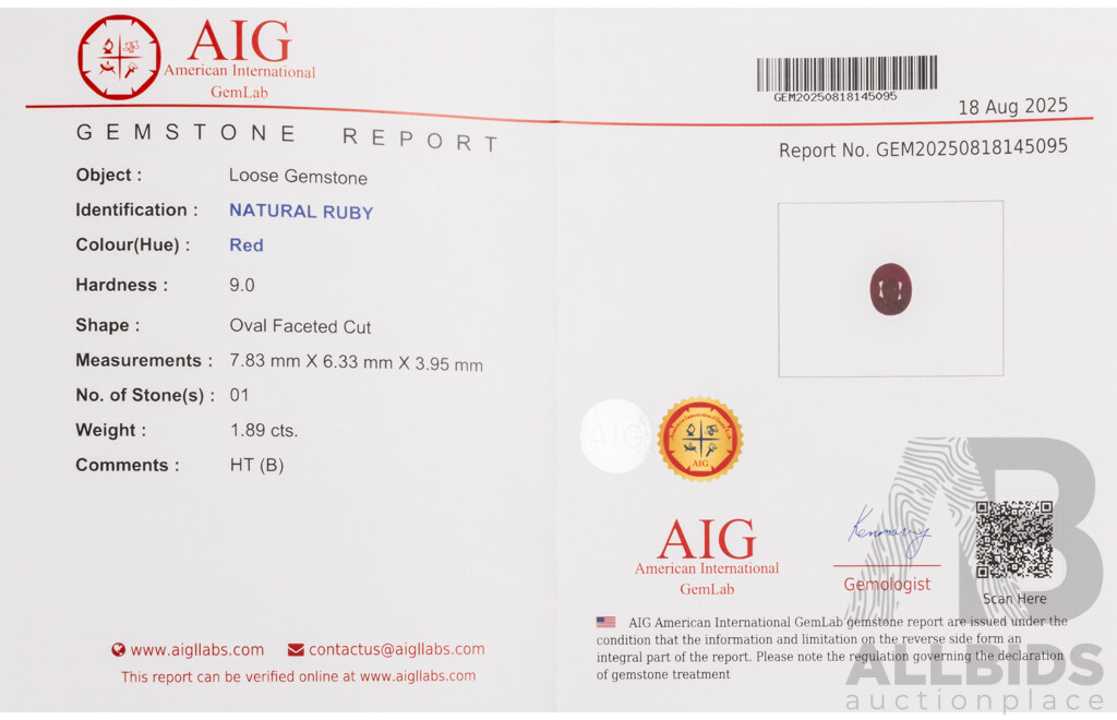Oval Cut Natural Ruby - 1.89cts