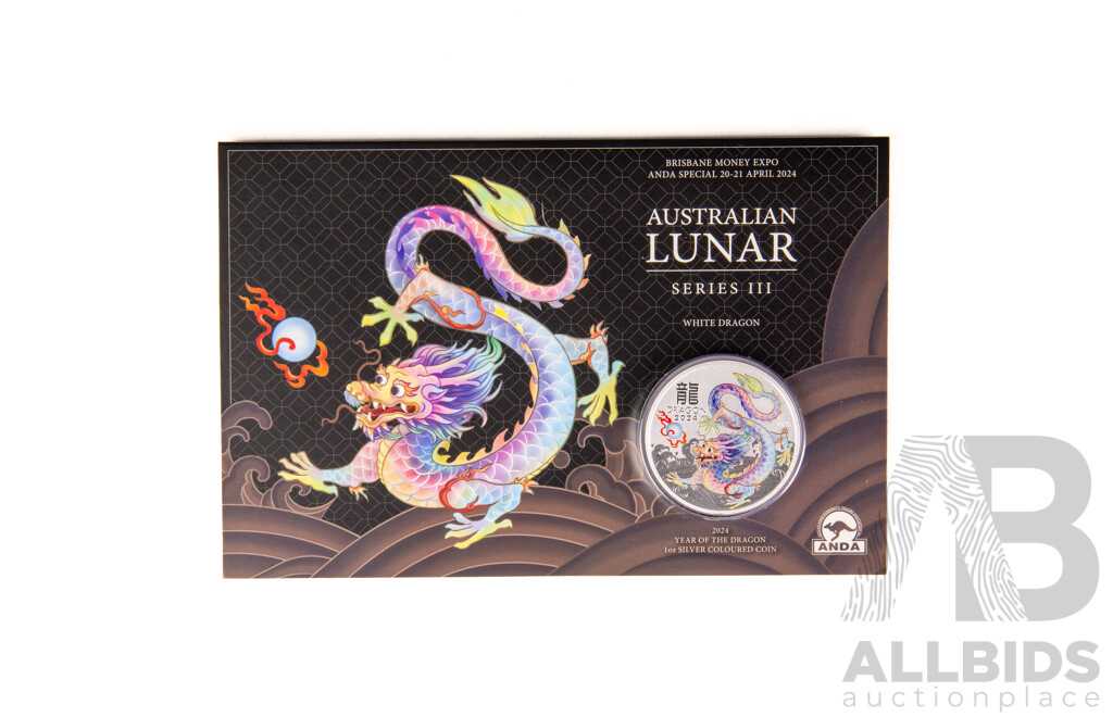 Australian Perth Mint 2024 Silver One Dollar, Australian Lunar Series Three, White Dragon .999