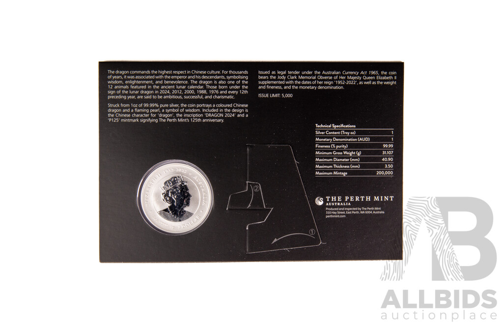Australian Perth Mint 2024 Silver One Dollar, Australian Lunar Series Three, White Dragon .999