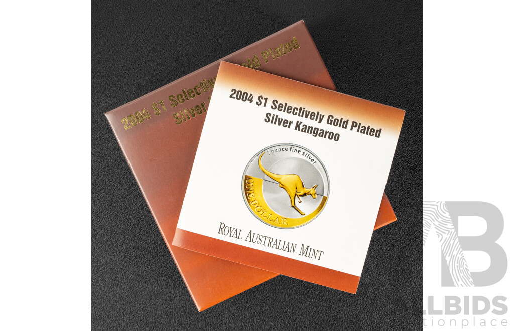 Australian RAM 2004 Silver One Dollar Selectively Gold Plated Coin, Silver Kangaroo .999