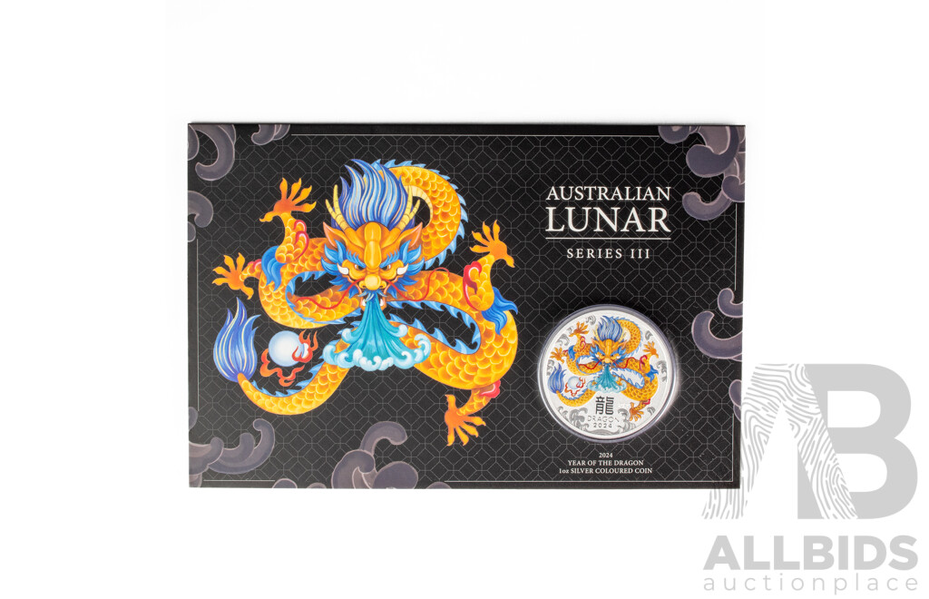 Australian Perth Mint 2024 Silver One Dollar, Australian Lunar Series Three, Year of the Dragon .999