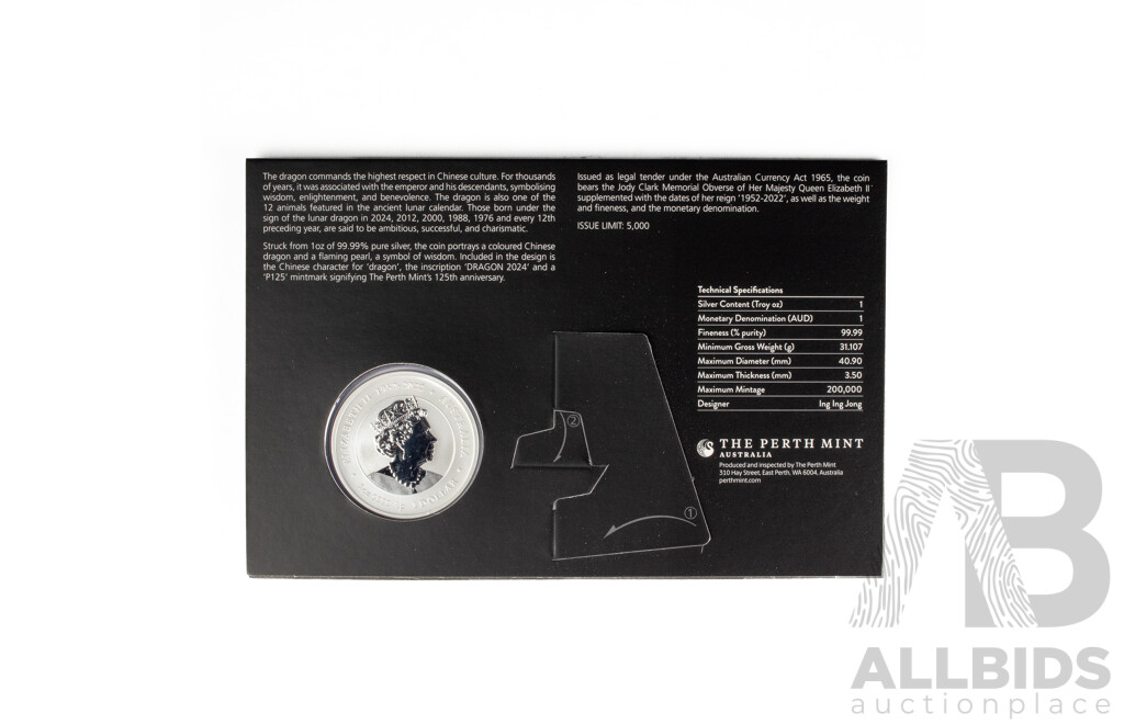 Australian Perth Mint 2024 Silver One Dollar, Australian Lunar Series Three, Year of the Dragon .999