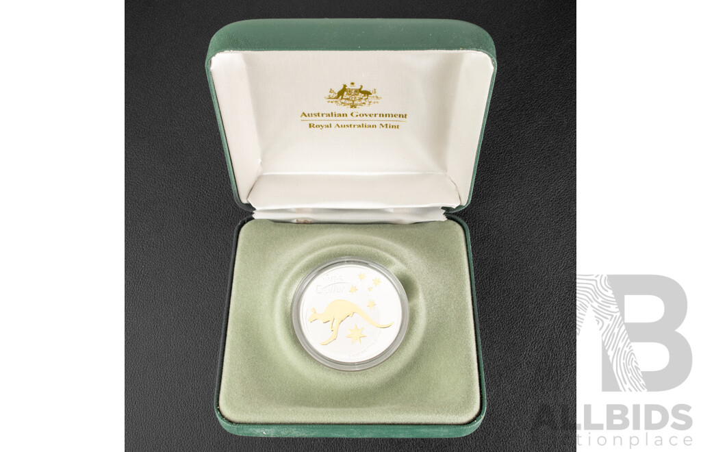 Australian RAM 2005 Silver One Dollar Proof Selectively Gold Plated Coin, Silver Kangaroo .999