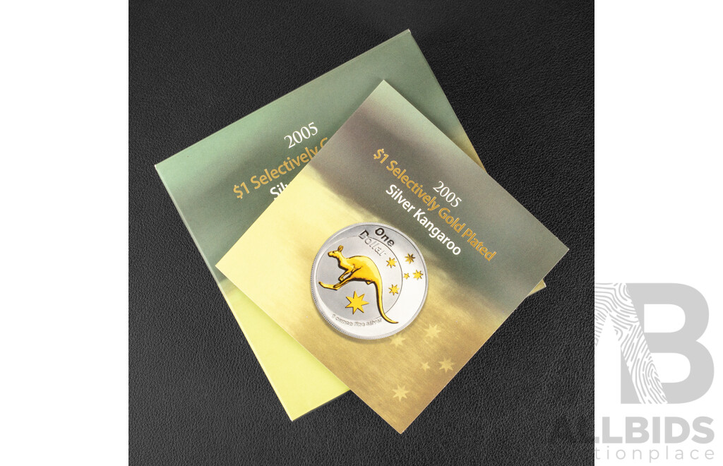 Australian RAM 2005 Silver One Dollar Proof Selectively Gold Plated Coin, Silver Kangaroo .999