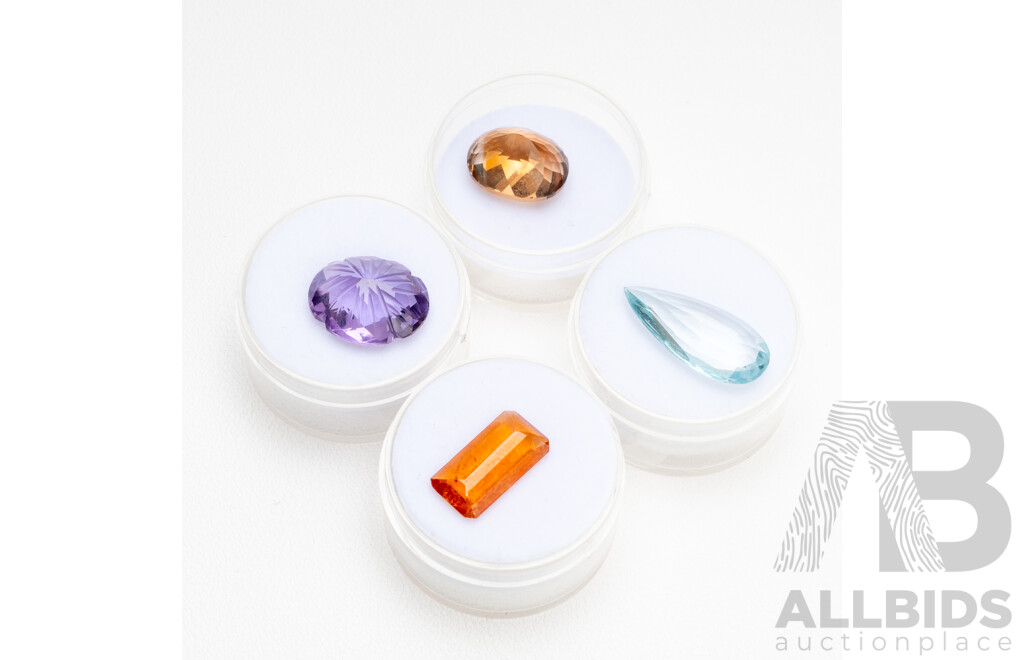 Collection of Gemstones Including Amethyst, Aquarmarine, Topaz & Spessartine Garnet - Lot of 4