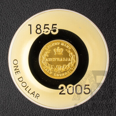 Australian RAM 2005 Silver Proof Gold Plated One Dollar/ 1855 Half Sovereign Sydney Mint Subscription Coin .999